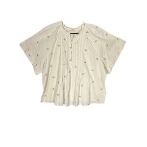 Ana Blouse Top Womens 1X Cream Embroidered Paisley Ruffled Pintuck Peasant Boho